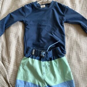 Kids Navy Blue Long Sleeve Swim Rashguard with Mint & Blue Swim Trunks